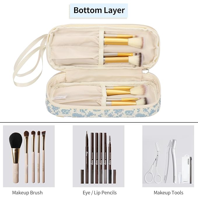 Ethereal Small Makeup Bag, 2 Layers Travel Make up Organizer Bag with Makeup Brush Holder, Portable Cosmetic Bag for Women/Girls, Blue Flower