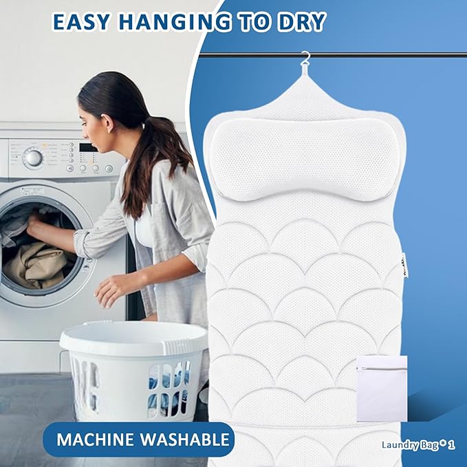 REEZEIVI Full Body Bath Pillow,Thick Bathtub Cushion with Laundry Bag,Bath Pillow with 13 Non-Slip Suction Cups,Soft 3D Mesh Fabric,Bathtub Cushion for Headrest Neck and Back Support (White)