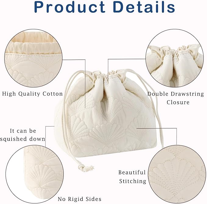 uekeboag White Shells Drawstring Quilted Cotton Makeup Pouch,Coquette Quilted Toiletry Bag for Women and Girls, Floral Coquette Organizer Bag, Aesthetic Travel Cosmetic Bags(White Shells Drawstring)