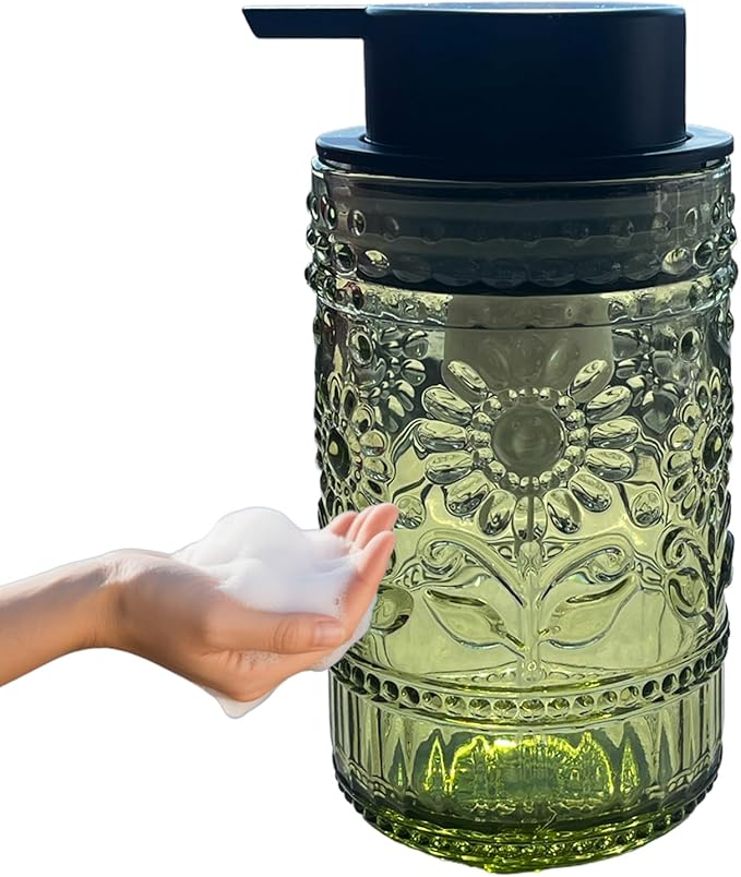 Foaming Hand Soap Dispenser,Vintage Glass Soap and Lotion Dispenser for Bathroom,Kitchen Dish Soap Dispenser with Silver Foam Pump,Cute Farmhouse Antique Decor (Green+Foam Pump)