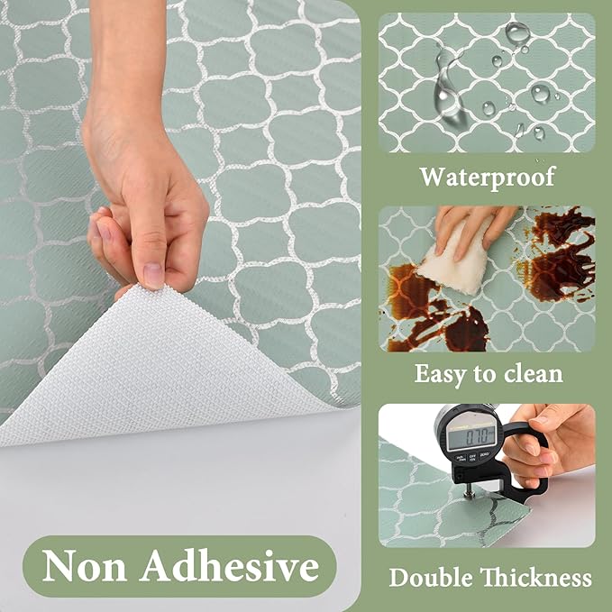 Shelf Liners for Kitchen Cabinets Non Adhesive Drawer Liner 23.6in x 20FT Light Green Quatrefoil Thickened Shelf Liner Strong Non-Slip Easy to Clean Tool Box Refrigerator with Knife and Tape Measure