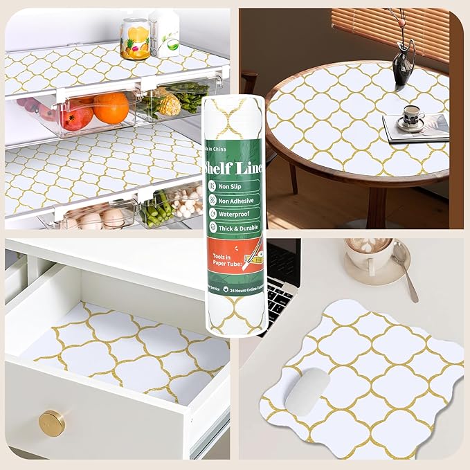 Shelf Liners for Kitchen Cabinets 12in x 20FT Non Adhesive Drawer Liner Gold Quatrefoil Thickened Shelf Liner Paper Strong Non-Slip Easy to Clean for Tool Box Refrigerator with Knife and Tape Measure
