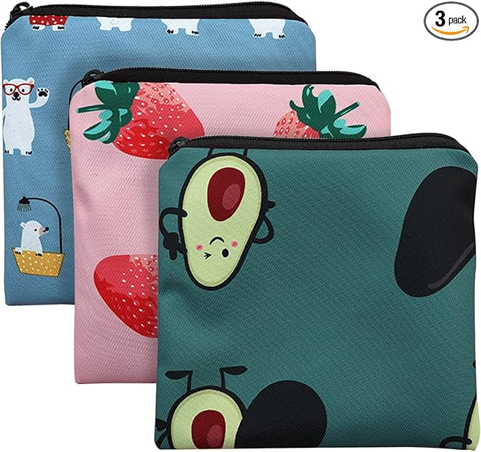 Sanitary Napkin Storage Bag,3pack Sanitary Napkin Pads Storage Bag with Zipper 5x5 inches First Period Bag for Girls,Women,Ladies(Strawberry)