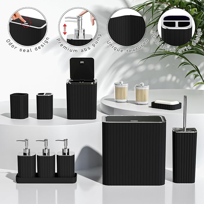 Bathroom Accessory Set - Bathroom Set, 12PC Bathroom Accessory Set, Black Bathroom Accessories Set, Mini Trash Can, Toilet Brush, Trash Can & Soap Dispenser