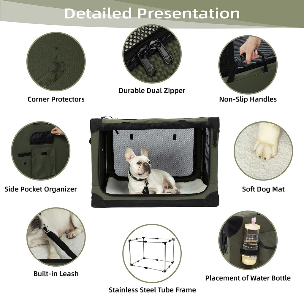Pettycare Portable Travel Dog Crate 4-Door Soft Sided 30 Inch Collapsible Dog Crate with Curtains Durable Mesh Foldable Pet Kennel Soft Crates for Medium Dogs Indoor & Outdoor Olive Green