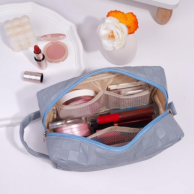 MAGEFY Makeup Bag, Checkered Travel Cosmetic Bag with Handle Leather Makeup Pouches for purse Make Up Bag Cute Makeup Bags for Women,Blue Haze