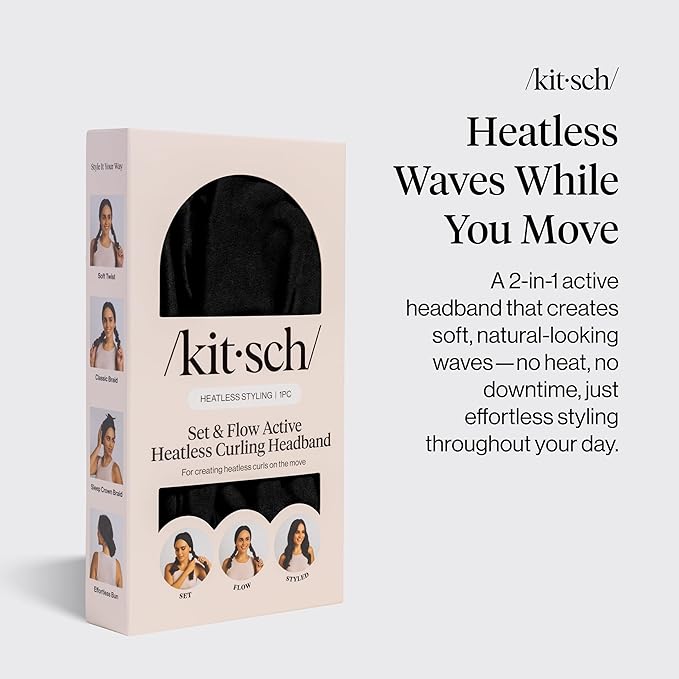 Kitsch Set & Flow Active Heatless Curling Headband For Women – Achieves Heatless Curls Overnight, No Heat Damage | Heatless Curlers with Flexible Fit | Great During Gym Sessions, Travel - Black, 1pc