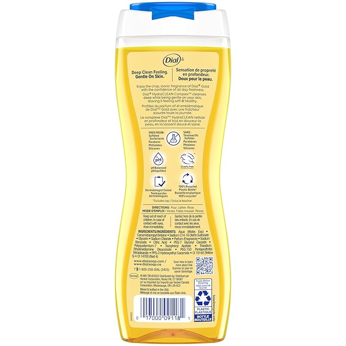 Dial Body Wash, Advanced Clean Gold, 16 Fl Oz, Hydraclean Complex & Vitamin E, Gentle, Leaves Skin Feeling Nourished, Dermatologist-Tested, No Parabens & Sulfates, (Pack of 8)