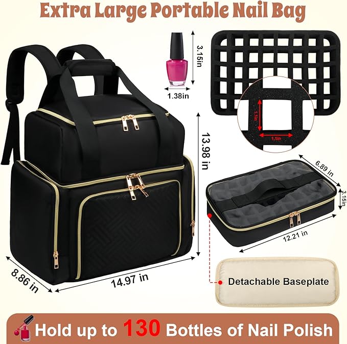 Nail Polish Organizer Backpack Hold 130 Bottles& Nail Lamp, Extra Large Nail Kit Bag with 3 Separate Sponge Pouches for Gel Polish, Travel Carrying Case for Nail Art Supplies, Nail Tool& Stuff