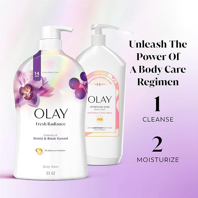 Olay Body Wash for Women, Fresh Radiance, Refreshing & Renewing, Made with Plant Based Cleansers, B3 Botanical Complex, For All Skin Types, Orchid & Black Currant Scent, 33 fl oz (Pack of 4)