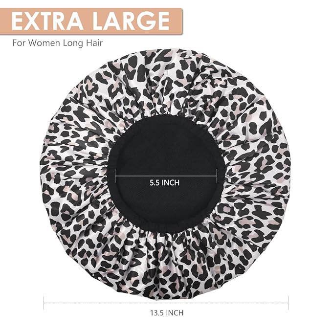 Aquior Shower Cap,Extra Large Triple Layer Bathing Cap with Dry Hair Function for Women Microfiber Terry Cloth Silky Satin 100%% Waterproof Reusable Long Hair Bath Caps (Leopard)