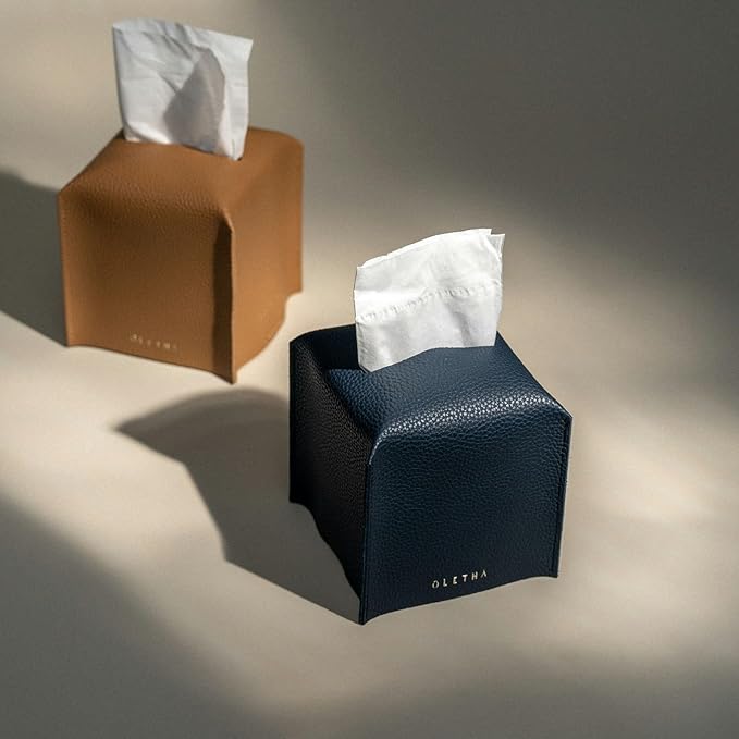 OLETHA Square Tissue Box Cover - Aesthetic Desk Decor for Room, Home & Office - Tissues Cube Boxes Holder - Navy Blue