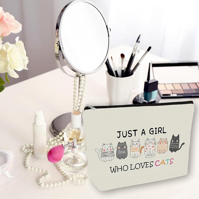 Cat Makeup Bag For Cat Lover Easter Gifts: Cosmetic Bag & Toiletry Pouch Just A Girl Who Love Cats Themd For Mom, Daughters, Friends,Teen Girl & Women.Ideal Gifts For Travel, Birthdays.