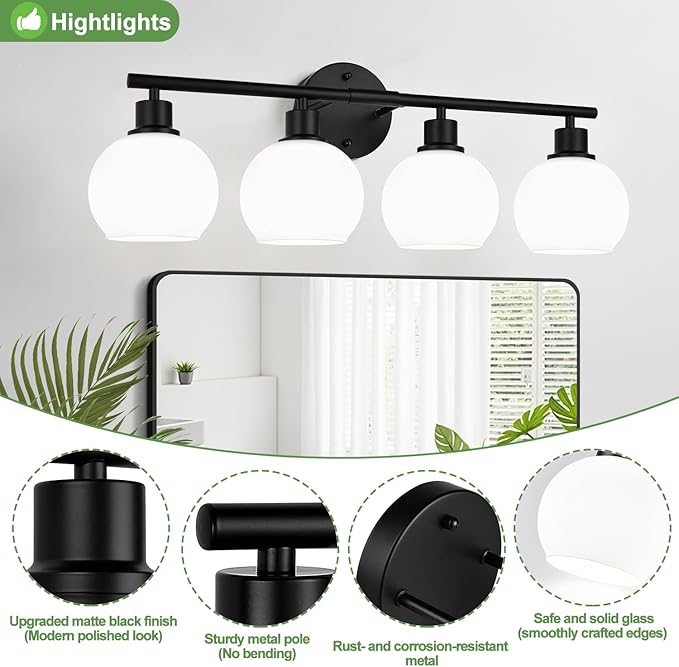 4-Light Bathroom Light Fixtures, Black Bathroom Lights Over Mirror with Milky White Frosted Glass Globe Shade, Vanity Lights for Bathroom Kitchen Living Room Hallway Cabinet Bedroom Porch