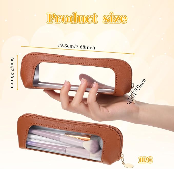 Lusofie Small Makeup Brushes Bag, PU Leather Clear Makeup Brush Bag, Portable Make-up Brush Pouch with Zipper, Multi-use Cosmetic Organizer Bags for Women(Brown)