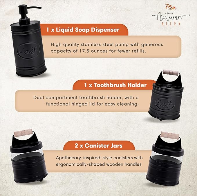 Autumn Alley Rustic Bathroom Accessories Set Black Farmhouse Soap Dispenser, Matte Black Toothbrush Holder, 2 Apothecary Jars Qtip Holder Glass - Rustic Bathroom Decor, Farmhouse Bathroom Accessories