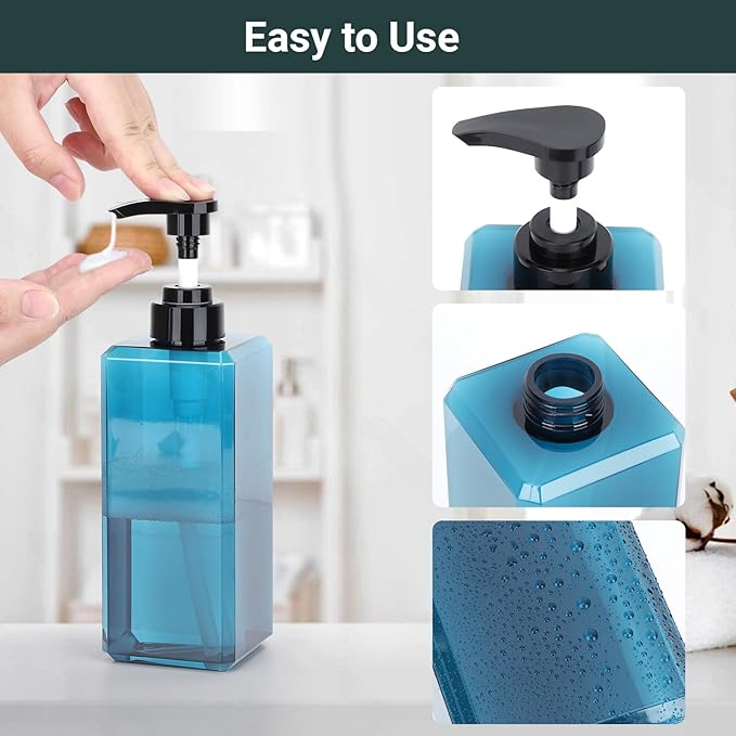 Suream Shampoo Dispenser for Shower, 22oz/650ml Shampoo and Conditioner Bottles with Labels, Lotion Bottle with Black Pump for Body Wash, Massage Oil, Moisturizer(Set of 3, Blue)