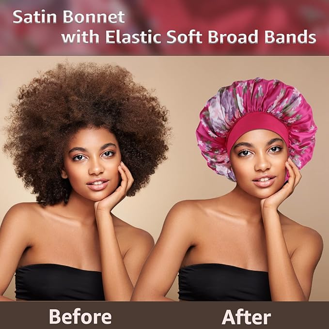 5 Pack Satin Bonnet Silk Bonnet for Sleeping Women, Hair Sleep Bonnets for Women, Wide Soft Band Large Sleep Cap for Curly Hair Braids