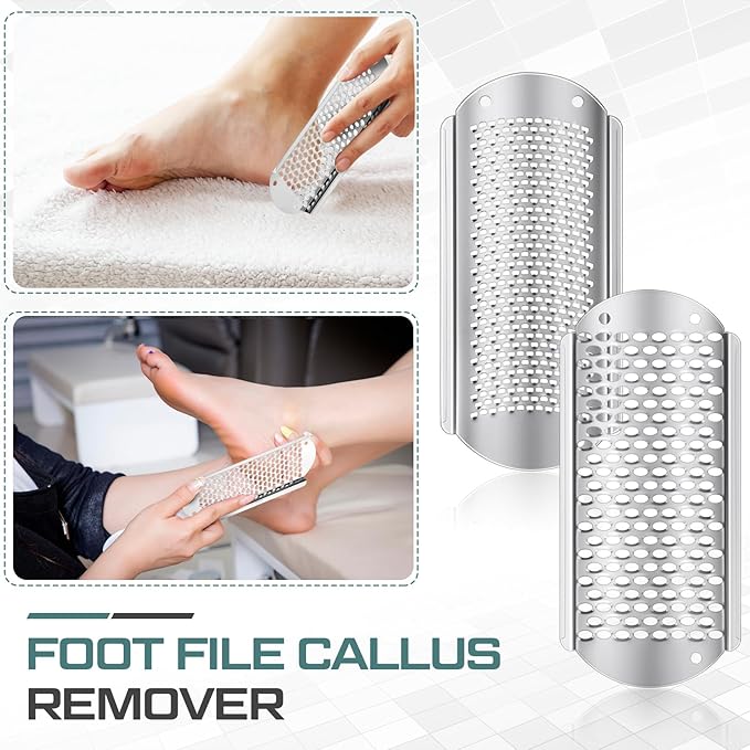 Moxweyeni 8 Pack Silver Foot File Callus Remover Replacement Blades Metal File Callus Remover Hard Skin Remove Stainless Steel 2 Designs Big/fine Hole for Detachable Foot Scrubber