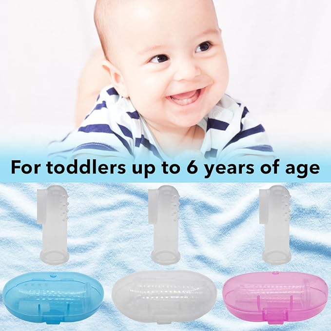 Baby Finger Toothbrush Set - Silicone Toddler Toothbrush with 3 Cases in Blue, Pink & Clear - Newborn Oral Massager