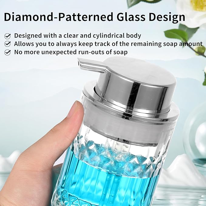 Foaming Soap Dispenser,Clear Glass Foam Hand Soap Dispenser for Bathroom, Refillable 8 Fl Oz Foamy Pump Bottle with Large Sliver Pump, Modern Diamond Dish Soap Foam Dispenser Container