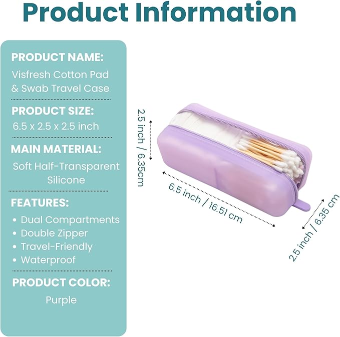Cotton Pad Swab Travel Case – 2-in-1 Portable Waterproof Qtips Dispenser for Cotton Square Pad & Qtip, Floss, Bobbi Pin, Nail Kit, Hair Accessories Organizer TSA Compliance – VISFRESH (Purple)