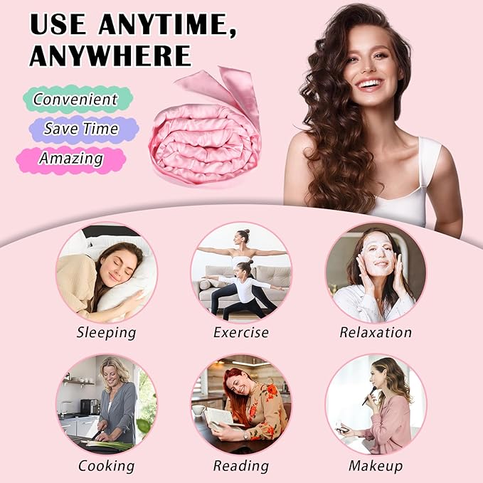 Satin Heatless Curls Overnight Hair Curlers to Sleep In Hair Curler Rollers No Heat Hair Wrap for Curls Headband, 70" Satin Heatless Curling Rod Set for Women Long Waves Hair Volume-Pink 10PCS