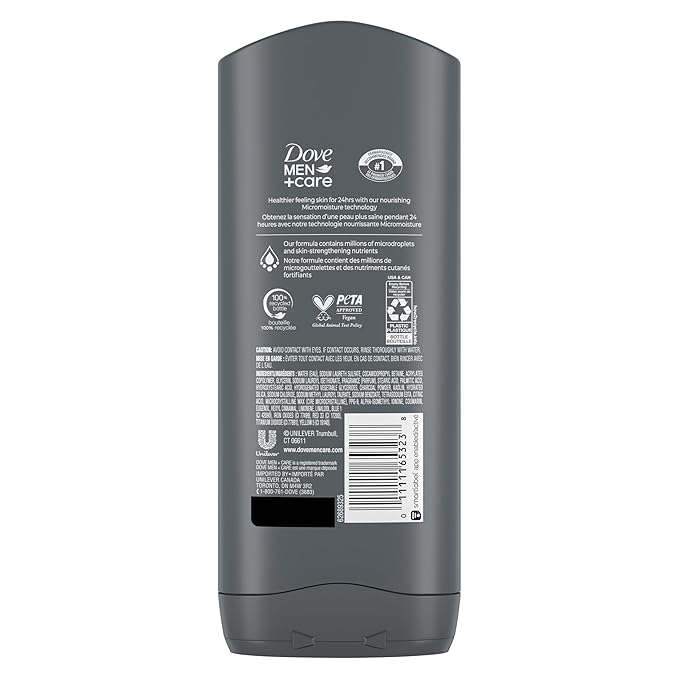 DOVE MEN + CARE Purifying Charcoal + Clay Body and Face Wash with 24-Hour Nourishing Micromoisture Technology Body Wash for Men, 13.5 oz (Pack of 2)