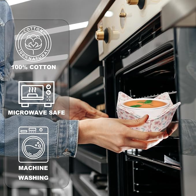 Cotton Microwavable Bowl Cozy, Microwave-Safe Hot Bowl Holders, Soup bowl Cozy Hot Pads (Floral)