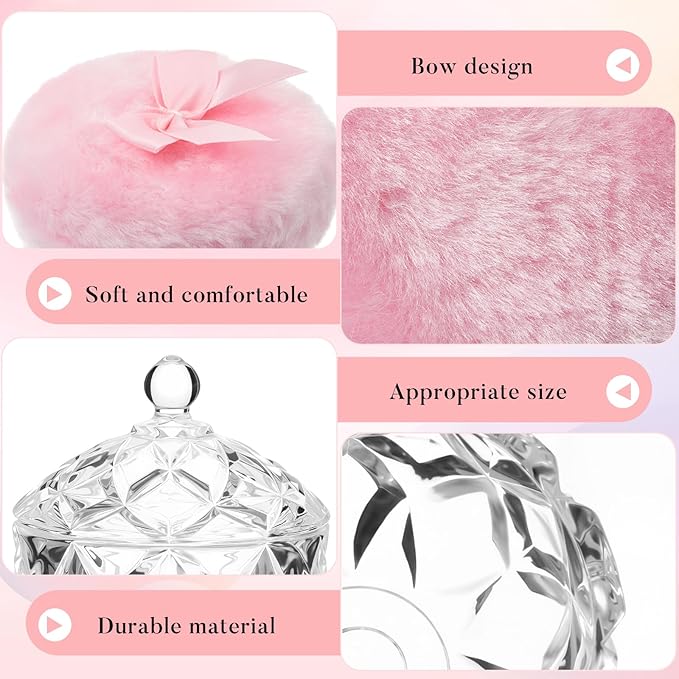 Tioncy 3 Pcs Large Body Powder Puff and Container Valentine's Day gift Powder Container with Puff Crystal Case Soft Washable Reusable Velour Face Body Glitter Wet Dry Makeup(Cute,Clear)