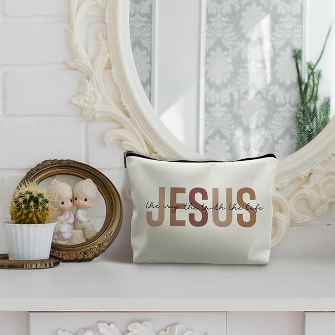 Christian Leather Makeup Bag,Jesus Cosmetic Bag,Christian Gifts for Women Girl,Christian Gift Bags,Christian Gifts for Women,Inspirational Gifts for Women Girls,Bible Verse Cosmetic Bag(PU-brown)