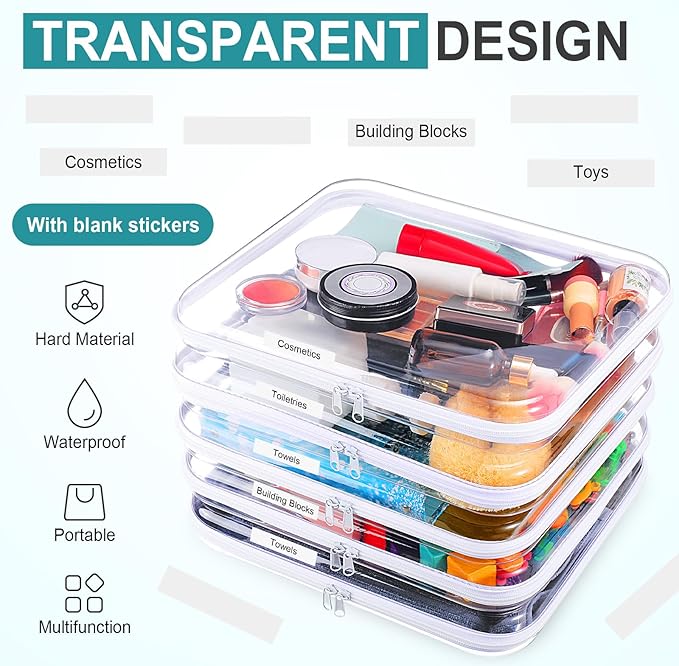 Sanwuta 10 Pcs Hard Zipper Case Clear Hard Pouches Plastic Zipper Pencil Box Toy Storage Bins Portable Plastic Container for Travel Toiletry Office Cosmetic Block Puzzle Organizer(L,Clear)