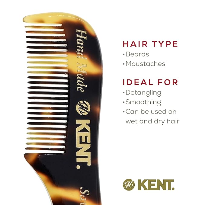 Kent A 81T TY X-Small Gentleman's Beard and Mustache Pocket Comb, Fine Toothed Pocket Size for Facial Hair Grooming and Styling. Saw-cut of Cellulose Acetate, Hand Polished. Hand-Made in England