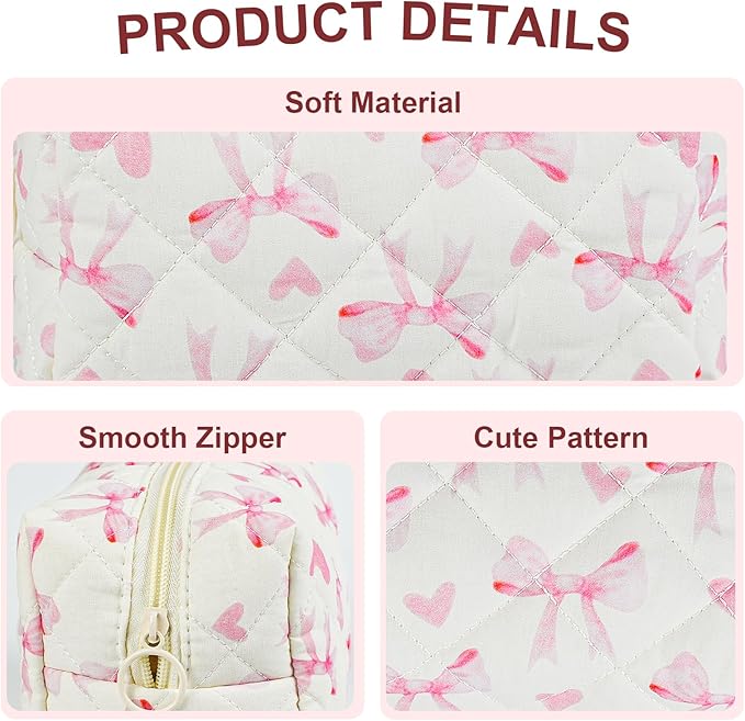 Quilted Makeup Bag Floral Cotton Make up Bag Puffy Coquette Makeup pouch Aesthetic Cute Travel Toiletry Bag for Women Girls