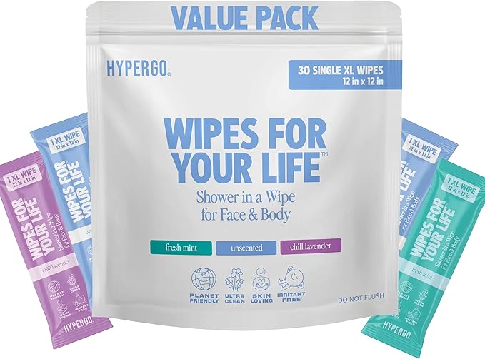 HyperGo XL Single Body Wipes for Women & Men – 12" x12" Rinse-Free Full Body Cleansing 30 Count Pack - Mint | Biodegradable, Hypoallergenic, Aloe-Infused | Gym, Festival, Camping Essentials