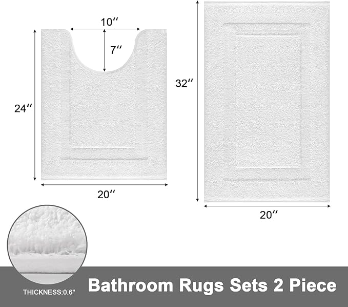 SHACOS White Bathroom Rugs Sets 2 Piece, 20"x32" Non Slip Bath Mat and 20"x24" Toilet Rugs U Shaped Washable, Soft Fluffy Water Absorbent Bath Mat Set of 2