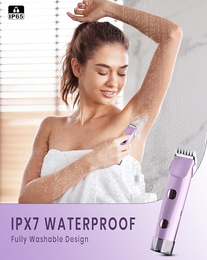 2-in-1 Bikini Trimmer for Women, IPX7 Waterproof Electric Shaver, Body Hair Trimmer & Electric Razor for Face, Lips, Pubic Area, Legs, Purple
