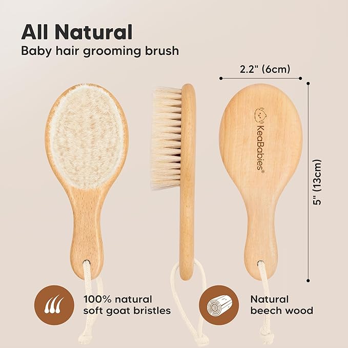 Wooden Baby Hair Brush - Cradle Cap Baby Brush with Soft Goat Bristles, Perfect Gentle Scalp Newborn Comb for Infant, Girls, Boys, Bath Essentials (Walnut, Petite)