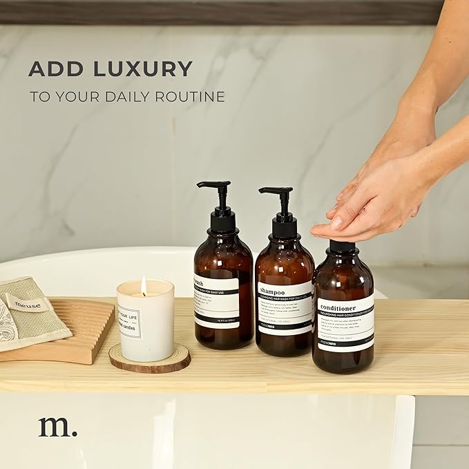 MaisoNovo Refillable Shampoo and Conditioner Bottles - 16.9 fl oz Set of 3 Amber Plastic Bottles Black Pumps