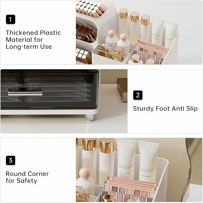 Makeup Organizer for Vanity with Brush Holder, Countertop Skincare Organizer with 2 Drawers, Spacious Cosmetic Display Case for Perfumes, Eyeshadow Palettes, Nail Polishes