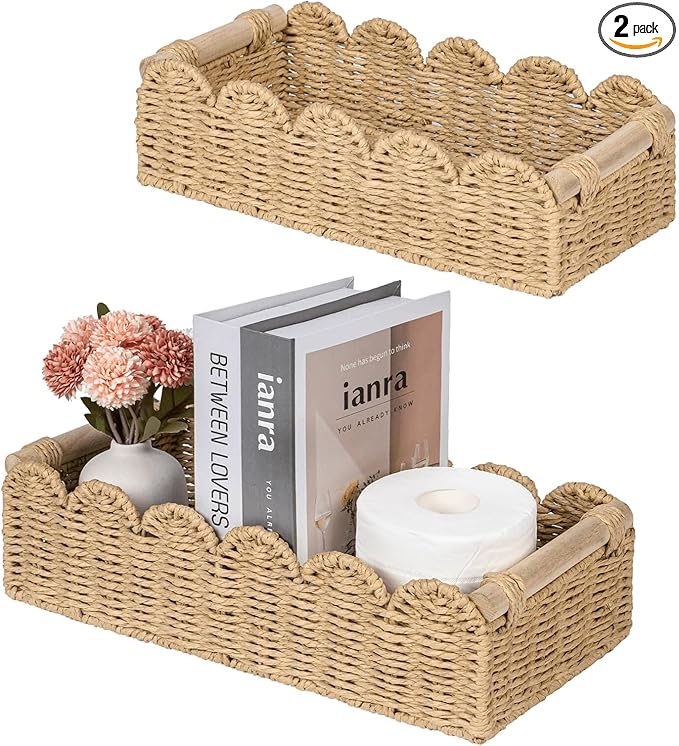 CubesLand Toilet Paper Storage Basket, Scalloped Edge Shelves Basket for Organizing for Over Toilet Tank Storage, Home Decor Baskets for Shelf, Countertop, Living Room, Bedroom, Handwoven, Beige