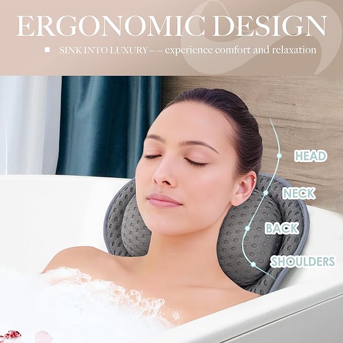 Bath Pillows for Tub Luxury, Bath Pillow for Head and Neck, Fit Bathtub Hot Tub Relaxing Gifts for Women, Comfort 4D Air Mesh Fabric & 6 Non-Slip Suction Cups (Gray)