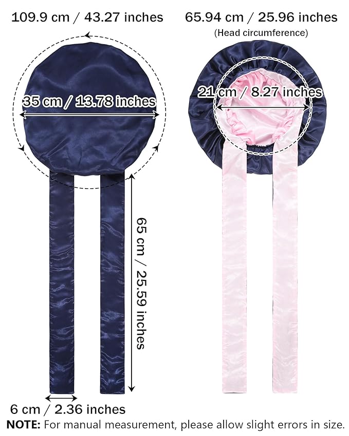 Satin Bonnet Silk Hair Wrap for Sleeping - Reversible Cap with Tie Band - Night Cap Double Layer for Curly Hair (Navy Blue + Pink)