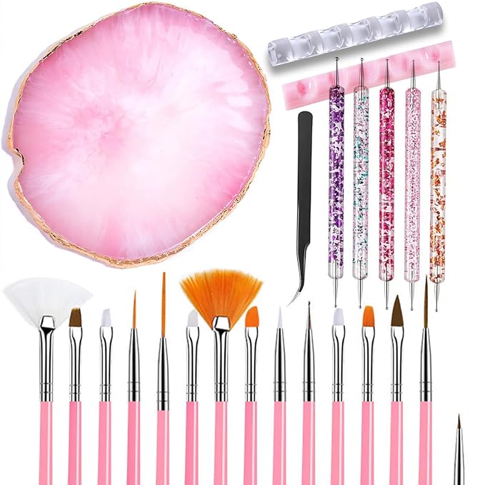 24 Pieces Nail Art Tools Kit Resin Nail Art Palette Acrylic Silicone Engraving Pen Dotting Pen Mixing Palette Detail Brushes Tools for Nail Art DIY Home Salon Makeup Display (Rose red)