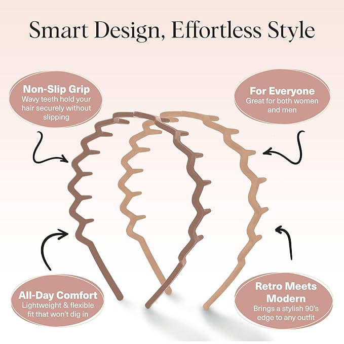 Kitsch Zig Zag Headbands for Women Non Slip – Fashion Accessories for Slicked Back Styles - Comfortable Comb Headband with Teeth | Ideal Gifts for Women - Neutral - 2 pcs
