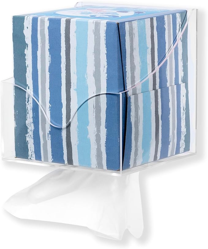 Facial Tissue Box Holder for Wall, Under Cabinet or Desk, RV, Bathroom, Small Spaces - Acrylic Wall Mounted Square Box Dispenser, Face Down or Sideways in Tight Areas