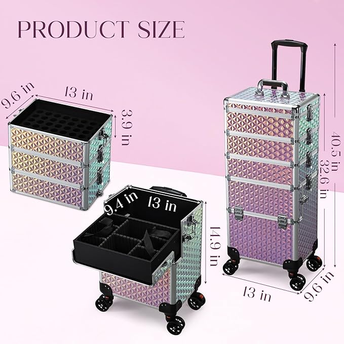 5 in 1 Rolling Makeup Case, Cosmetology Case on Wheels Travel Make up Train Case Nail Cart Makeup Organizer Cosmetic Storage Box Cases Extra Large Trolley Truck with 360° Swivel Wheels, Pink