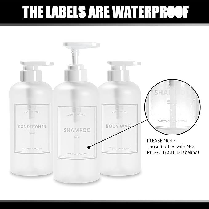 Shampoo Bottles Refillable with Pump, YACEYACE 3Pcs 16.9oz Matt Clear Empty Shampoo Dispenser, Shower Soap Dispenser, Refillable Shower Bottles with Labels, Conditioner Dispenser