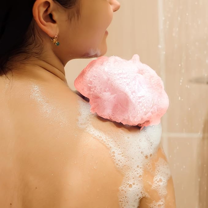 12 Pcs Travel Size Loofah Individually Wrapped, Small Shower Puff Bath Sponge Pouf Ball Bulk Mesh Bath Puff Mini Loofah Sponge with Case Bulk for Shower Care (25g,Pink)