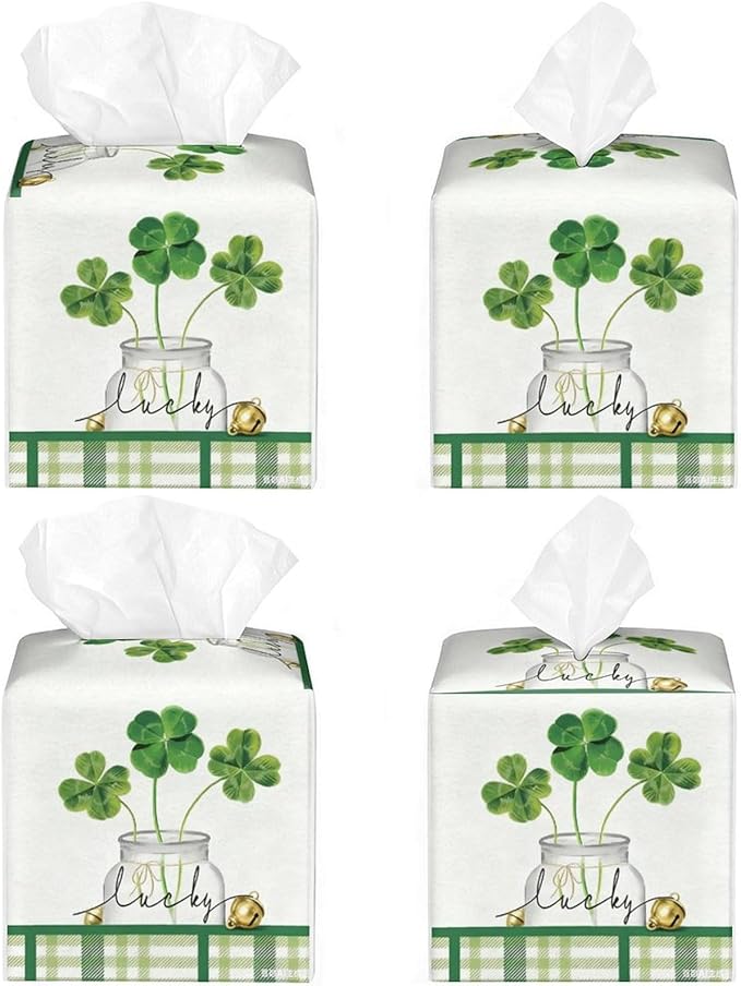 Lucky Clover Tissue Box Cover Leather Tissue Box Holder Square Facial Paper Organizer Dispenser for Bathroom Kitchen Bedroom Vanity Countertop Night Stands